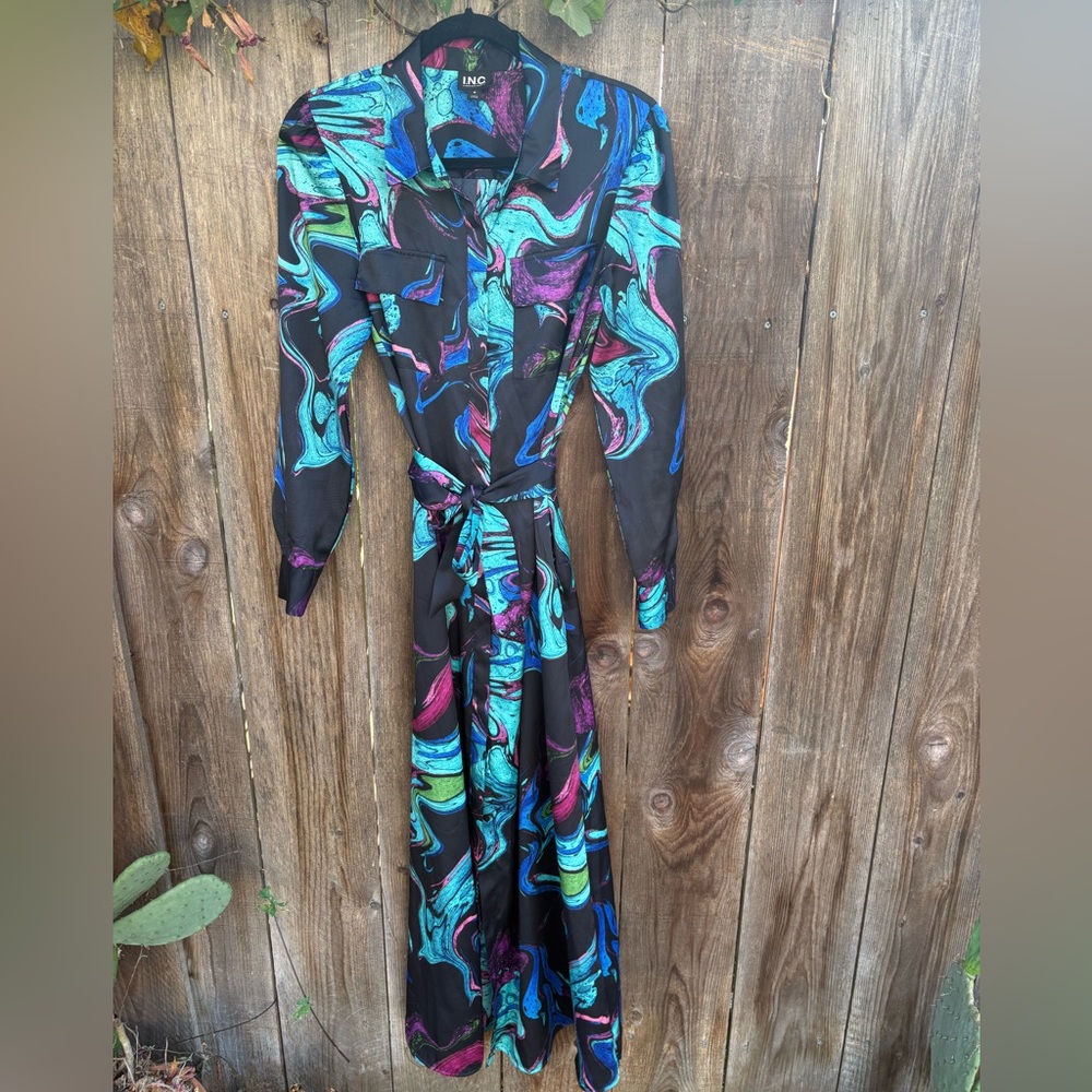 INC Blue and Purple Long Sleeve Dress